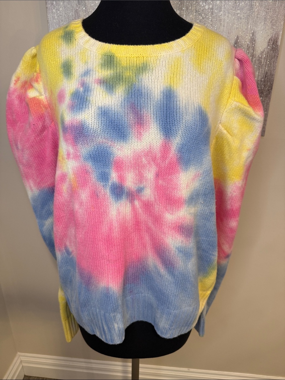 Tie-Dye Pastel Puff Sleeve Sweater - Pink Blue Yellow